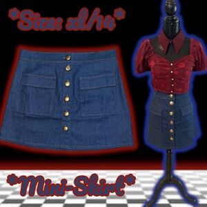 NWT: Unique Vintage - Medium Blue Denim Button Up Mini Skirt (SIZE XL)